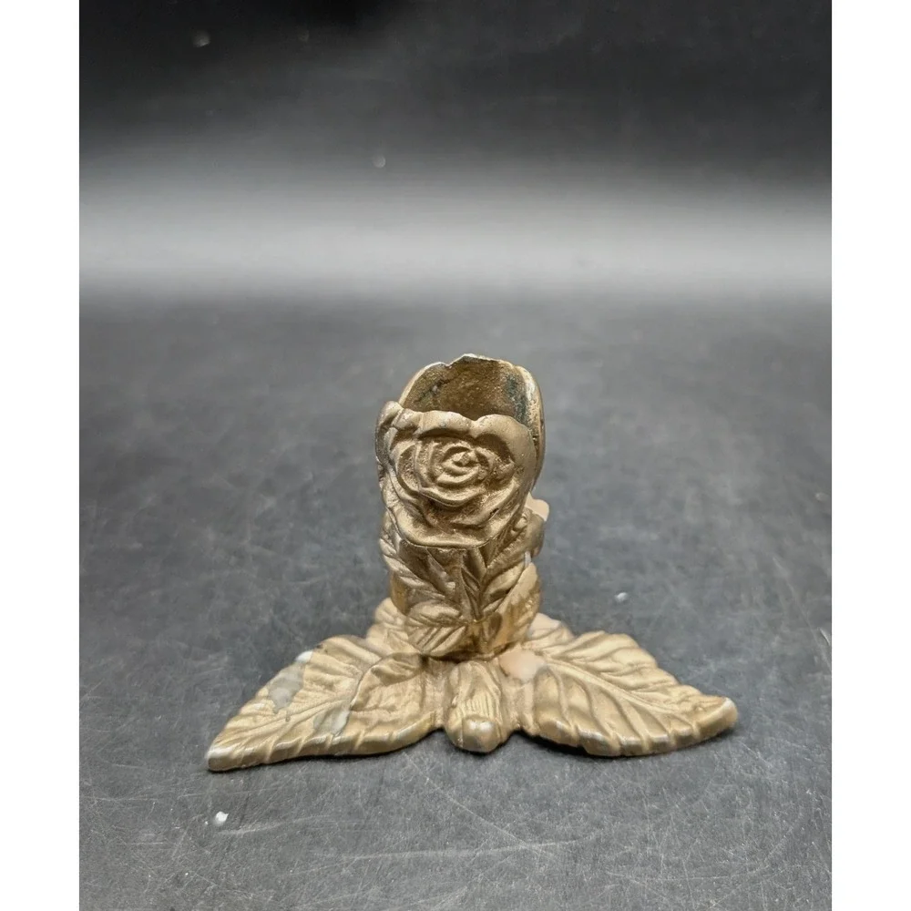 Vintage Metal Rose Bud Taper Candle Holder Floral Leaf Base Gold Tone Metal 2.5